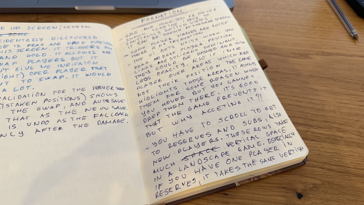 Handwritten notes from playing: Lineup and Formation observations