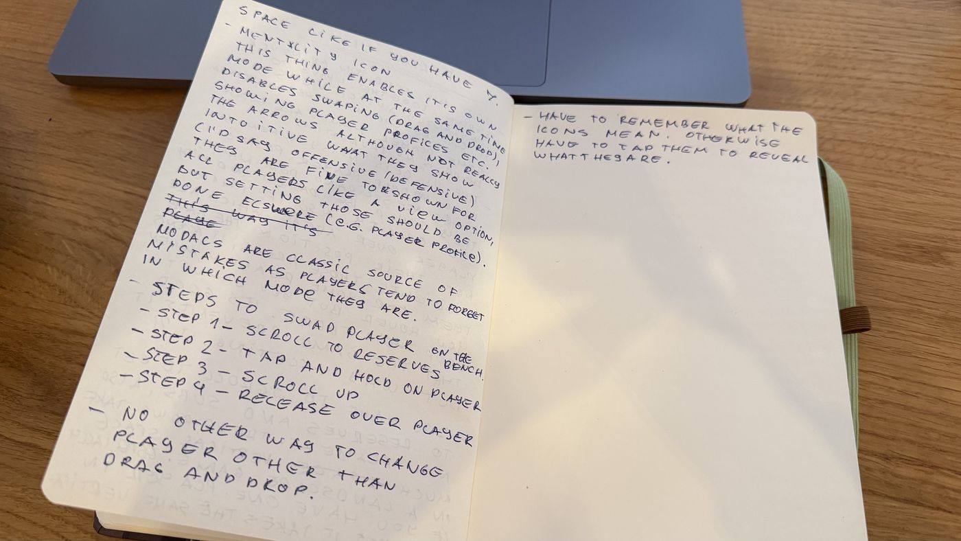 Handwritten notes: the Mentality mode and the steps to swap a player