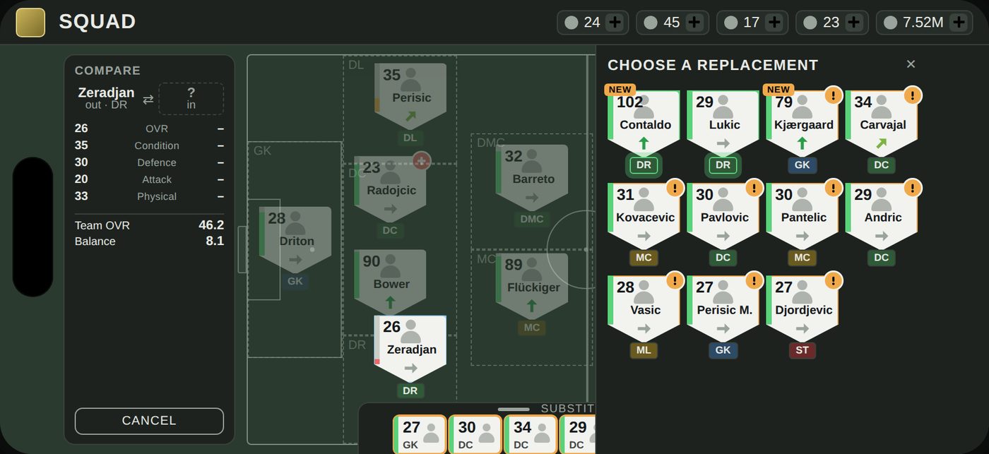 Candidate mode: valid replacements highlighted, others dimmed, Reserves panel opened as 'Choose a replacement'
