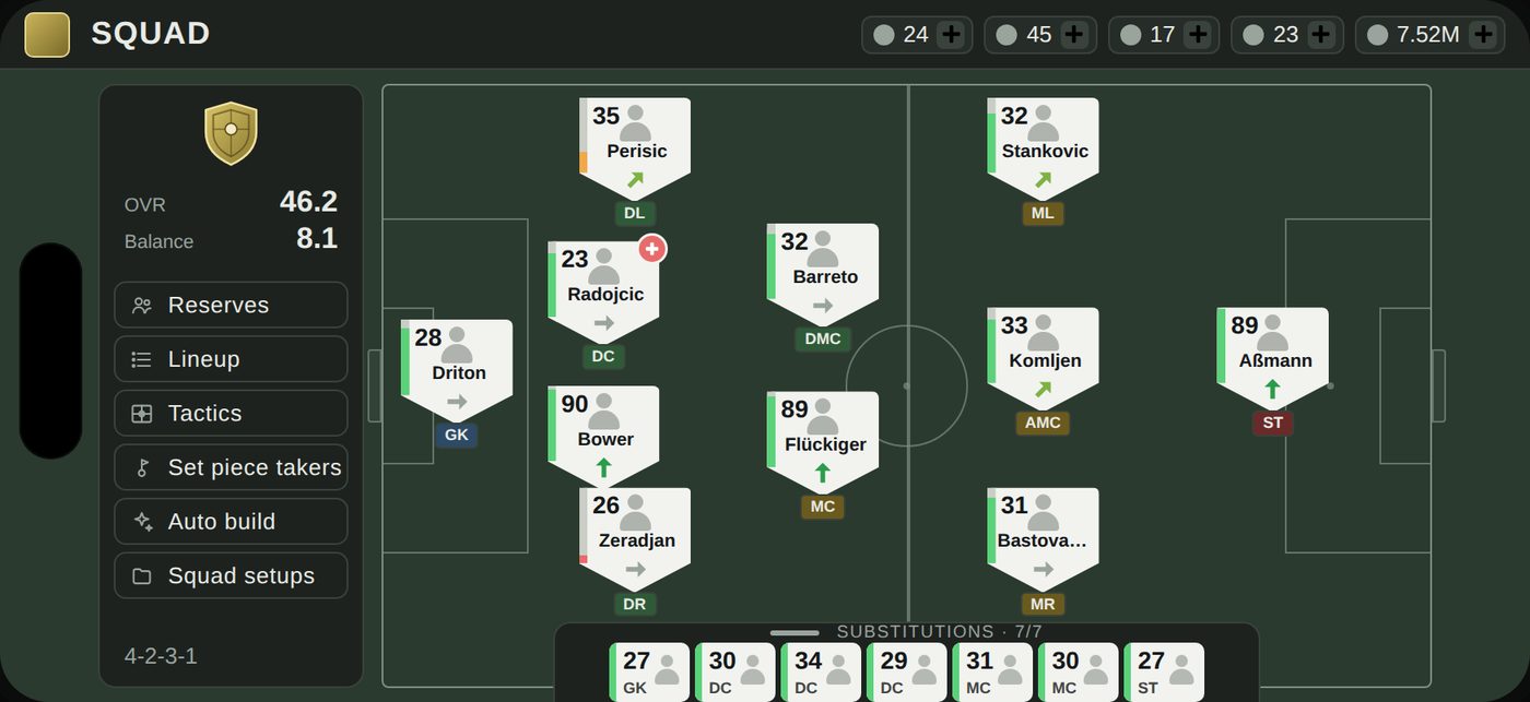 The redesigned Top Eleven Squad screen: whole pitch, menu card on the left, substitutions strip along the bottom edge